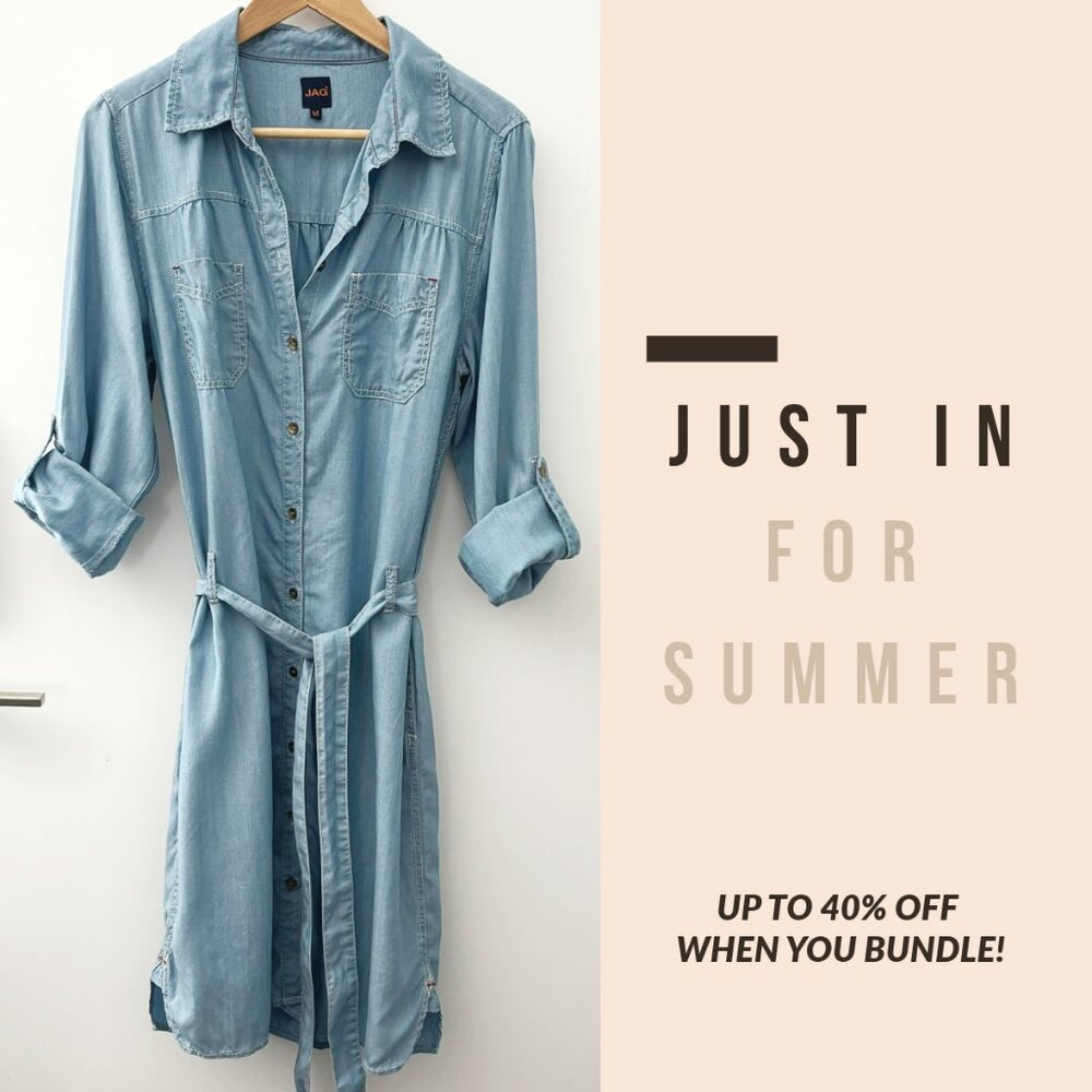 Lightweight Chambray Denim Long Sleeve Tunic Button Up Dress with Belt